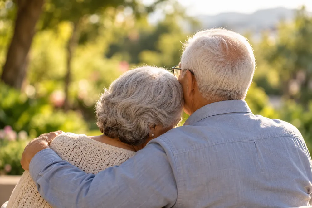 Una pareja de adultos mayores se abraza de espaldas mientras mira un jardín iluminado por el sol