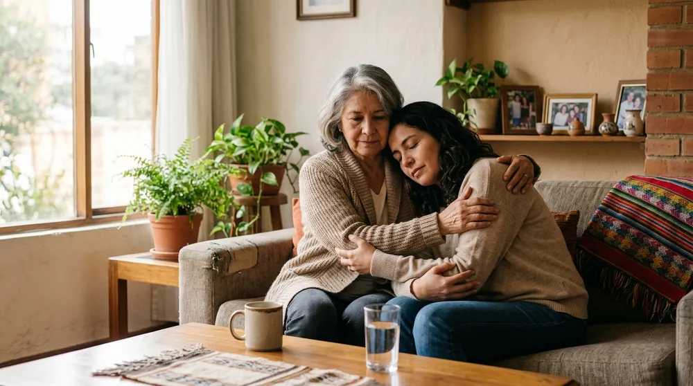Dos personas se abrazan con serenidad