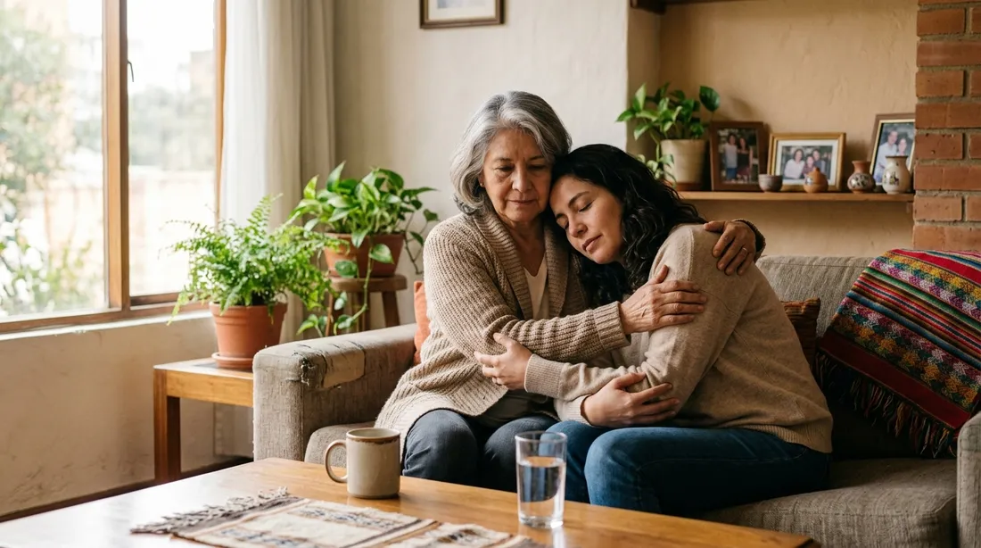 Dos personas se abrazan con serenidad