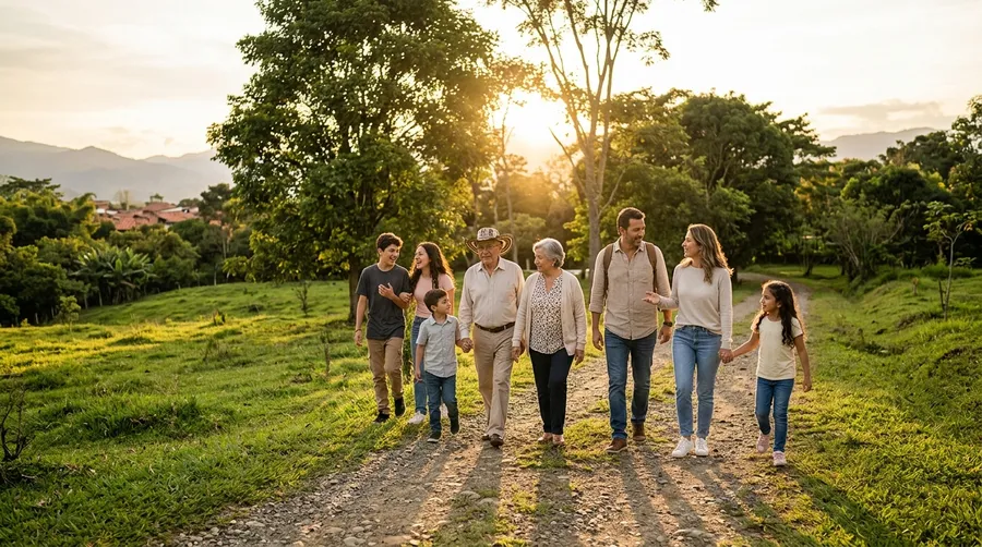 Una familia de tres generaciones camina de la mano por un sendero rural al atardecer