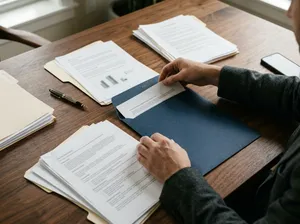 Manos revisan documentos y una carpeta azul sobre un escritorio de madera