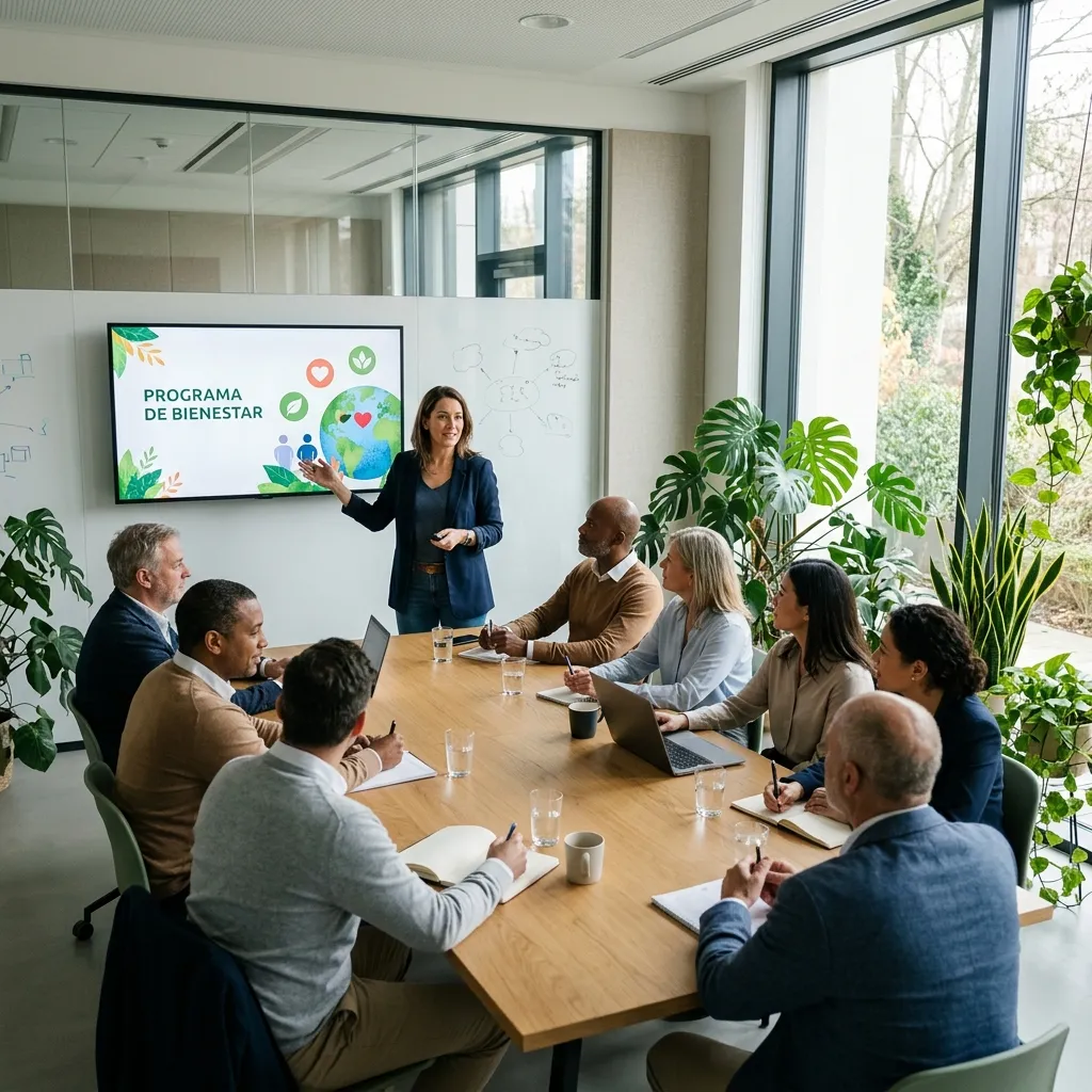 Una asesora presenta un programa de bienestar a un grupo de colaboradores en una sala de reuniones