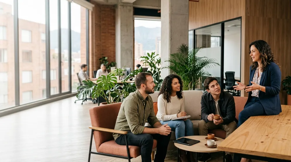 Una facilitadora conversa con colaboradores en una oficina luminosa