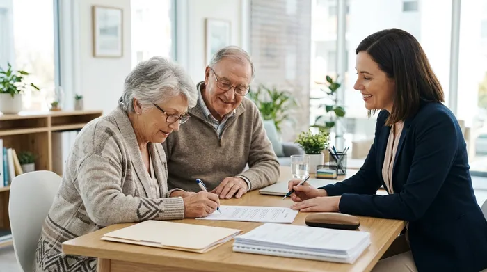 Una pareja de adultos mayores firma un documento junto a una asesora