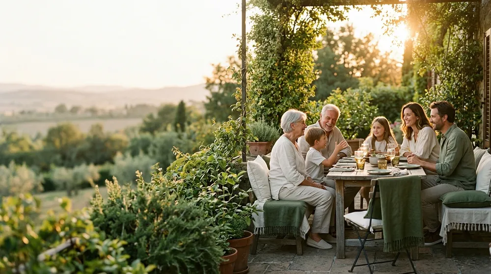 Una familia de tres generaciones comparte la mesa en una terraza con vista a un valle al atardecer