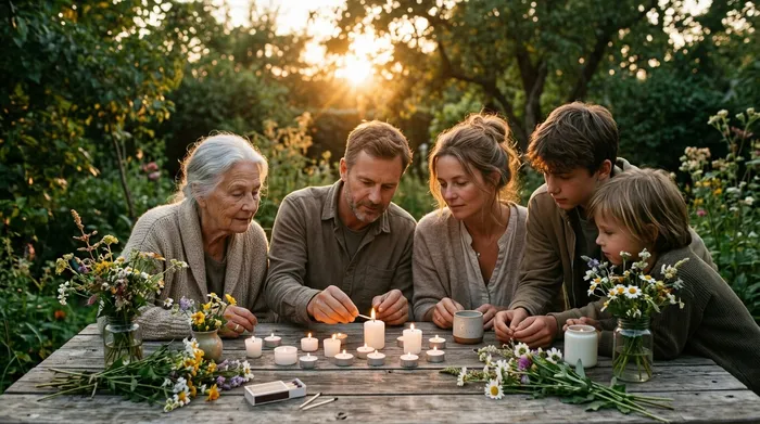 Una familia enciende velas pequeñas sobre una mesa con flores silvestres