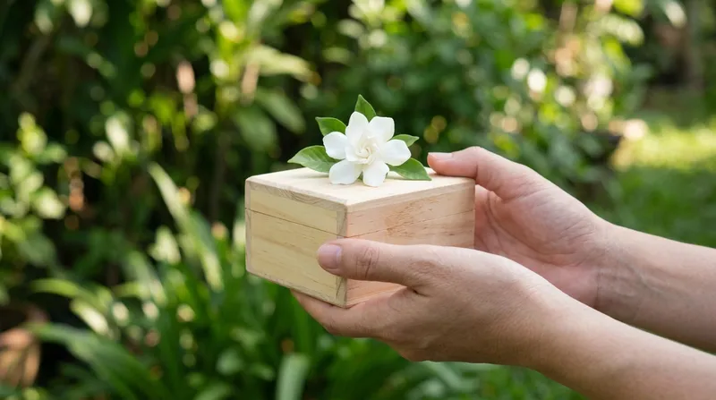 Manos sostienen con cuidado una pequeña caja de madera con una flor blanca