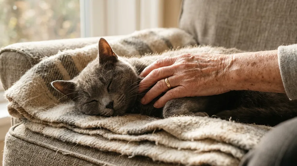 La mano de una persona mayor acaricia a un gato gris dormido sobre una manta