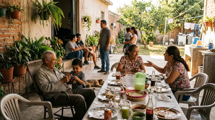 Una familia comparte en el patio de su casa