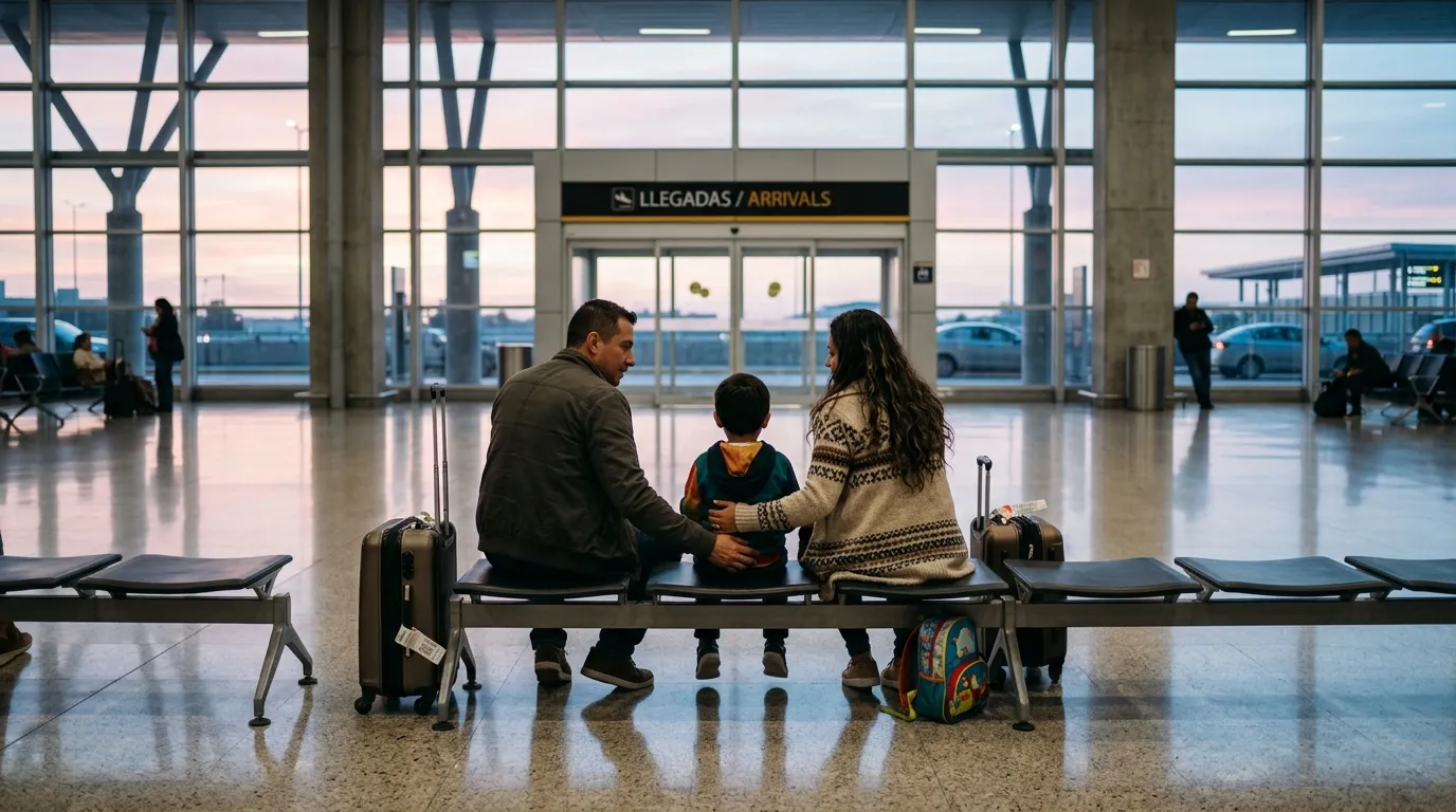 Una familia espera sentada en la sala de llegadas de un aeropuerto al amanecer