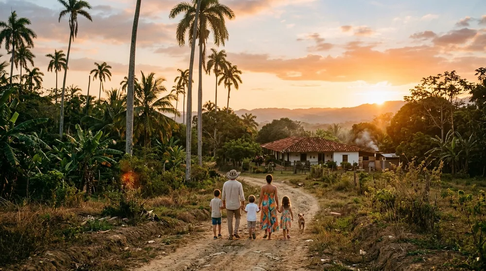 Una familia camina de la mano por un camino de tierra entre palmas hacia una casa al atardecer