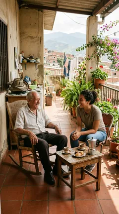 Un abuelo conversa tranquilo en una terraza con su familia