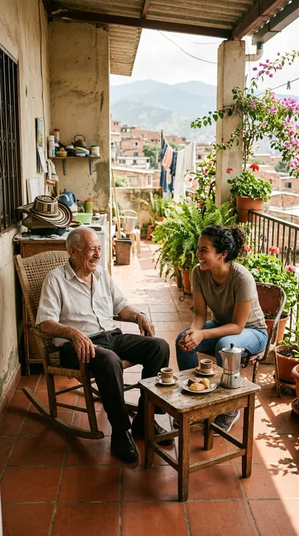 Un abuelo conversa tranquilo en una terraza con su familia